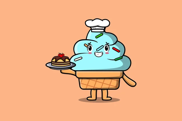 Cute Cartoon Chef Ice Cream Postać Służąca Ciasto Tacy Cute — Wektor stockowy