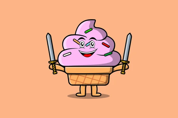 Cute Cartoon Ice Cream Character Holding Two Sword Modern Design — Stock Vector