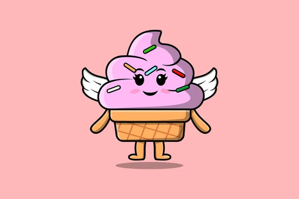Cute Kreskówki Ice Cream Charakter Noszenie Skrzydeł Nowoczesnym Stylu Projekt — Wektor stockowy