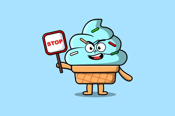 可爱的卡通吉祥物图片冰淇淋与停止标牌矢量绘图 — 图库矢量图片