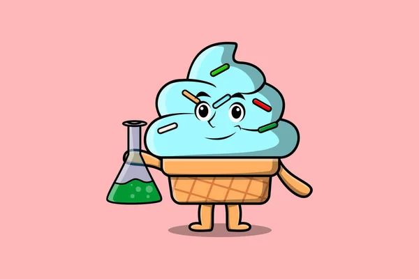 かわいい漫画のマスコットキャラクター化学反応ガラスを持つ科学者としてのアイスクリーム — ストックベクタ