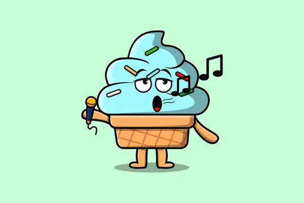 在平面现代风格的设计插图中 可爱的卡通冰淇淋歌手角色拿着麦克风 — 图库矢量图片