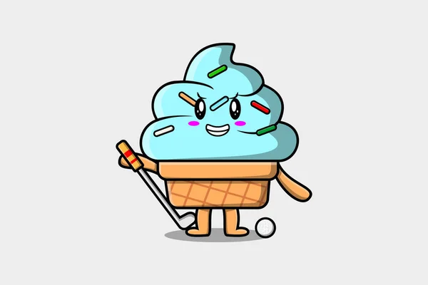 かわいい漫画アイスクリームキャラクターのコンセプトフラット漫画スタイルのイラストでゴルフをプレイ — ストックベクタ