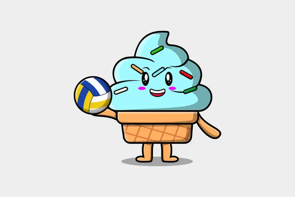 Cute Cartoon Ice Cream Character Playing Volleyball Flat Cartoon Style — Stock Vector