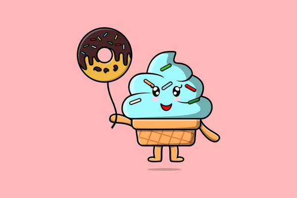 Cute Cartoon Ice Cream Floating Donuts Balloon Cartoon Vector Illustration — Stock Vector