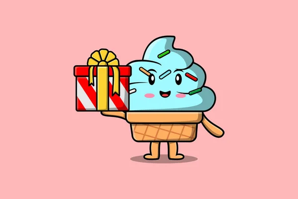 Cute Cartoon Ice Cream Character Coming Out Big Gift Box — Stock Vector
