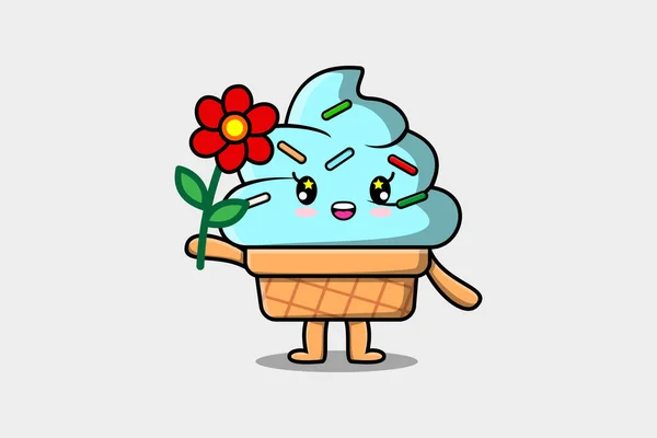 Cute Kreskówki Ice Cream Charakter Gospodarstwa Czerwony Kwiat Koncepcji Stylu — Wektor stockowy