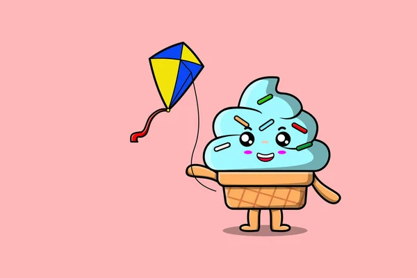 かわいい漫画アイスクリームのキャラクターは 凧揚げ漫画のアイコンのイラストを演奏 — ストックベクタ