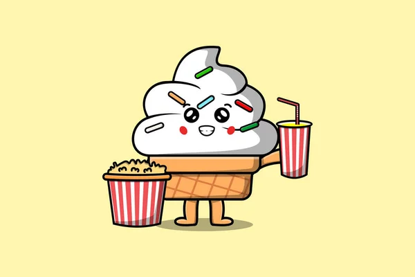 用爆米花和饮料制作卡通片冰淇淋 准备在电影院看电影 — 图库矢量图片