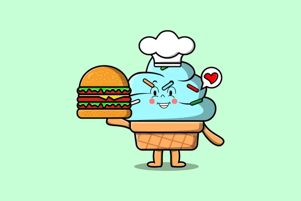 Desenhos Animados Bonitos Personagem Chef Sorvete Segurando Hambúrguer Ilustração Estilo — Vetor de Stock