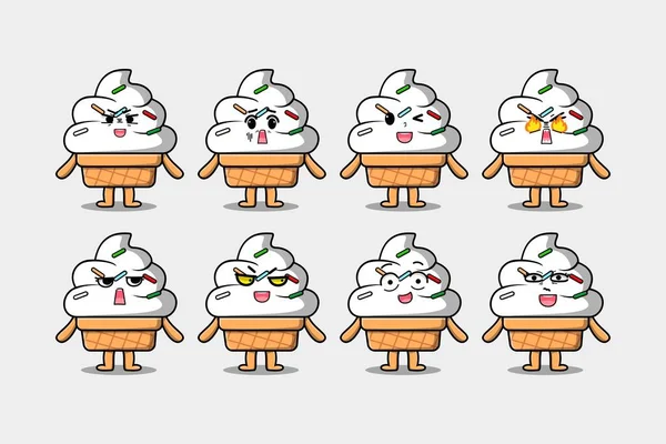 Set Kawaii Ice Cream Cartoon Character Different Expressions Cartoon Face — Stock Vector