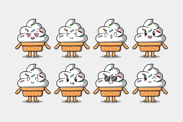 Set Kawaii Gelato Personaggio Dei Cartoni Animati Con Diverse Espressioni — Vettoriale Stock