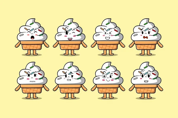 Set Kawaii Ice Cream Stripfiguur Met Verschillende Uitdrukkingen Cartoon Gezicht — Stockvector