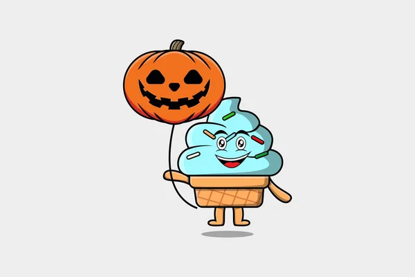 Mignon Dessin Animé Crème Glacée Flottant Avec Ballon Halloween Citrouille — Image vectorielle