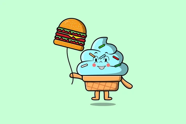 Cute Kreskówki Lody Pływające Balonem Burger Płaskiej Ikony Wektor Kreskówki — Wektor stockowy
