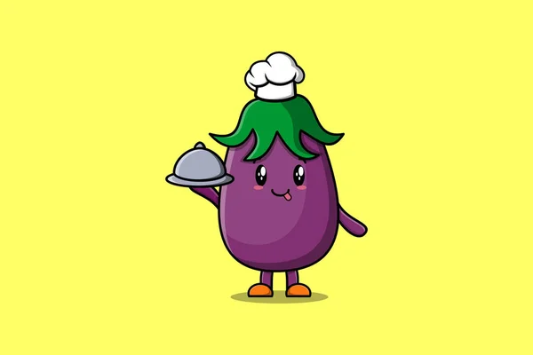 Cute Cartoon Chef Eggplant Maskot Karakter Melayani Makanan Nampan Lucu - Stok Vektor