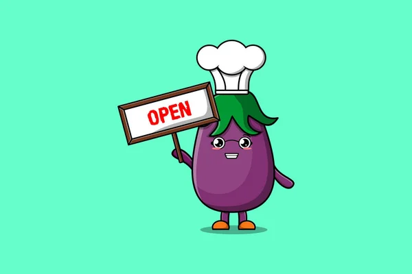Cute Cartoon Eggplant Character Holding Open Sign Board Designs Concept — Stock Vector