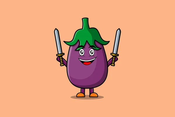 Aranyos Rajzfilm Eggplant Karakter Kezében Két Kard Modern Design Illusztráció — Stock Vector