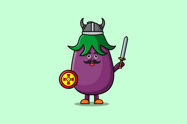 Χαριτωμένο Χαρακτήρα Κινουμένων Σχεδίων Eggplant Βίκινγκ Πειρατής Καπέλο Και Κρατώντας — Διανυσματικό Αρχείο