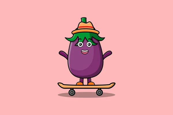 Χαριτωμένο Καρτούν Eggplant Στέκεται Στο Skateboard Κινούμενα Σχέδια Διάνυσμα Εικονογράφηση — Διανυσματικό Αρχείο