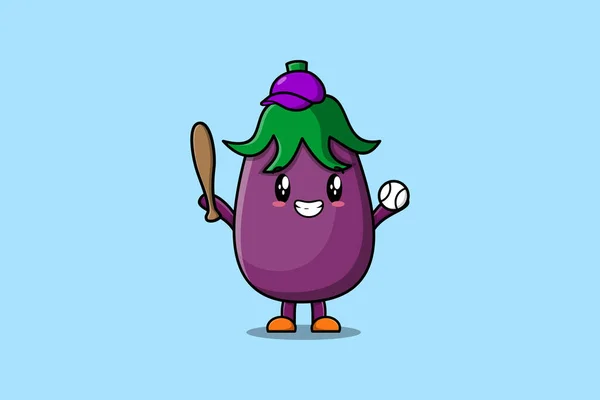 Aranyos Rajzfilm Eggplant Karakter Játszik Baseball Modern Stílusú Design — Stock Vector