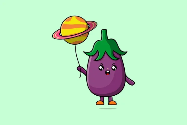 Söt Tecknad Eggplant Flyter Med Planet Ballong Tecknad Vektor Illustration — Stock vektor