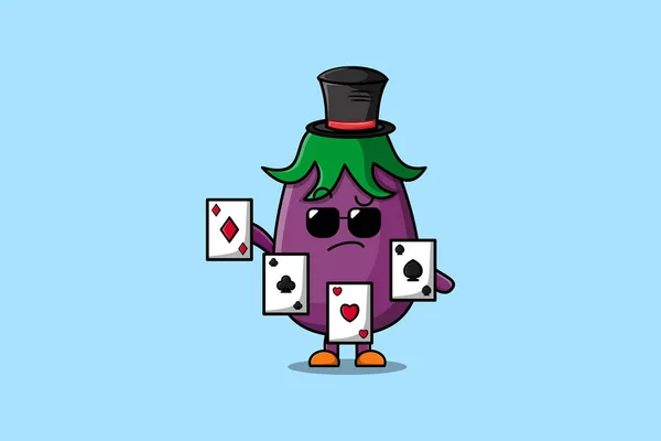 Desenhos Animados Bonitos Eggplant Personagem Mágico Jogando Cartões Mágica Ilustração — Vetor de Stock
