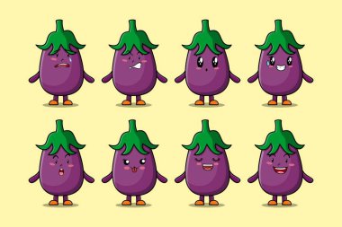 Farklı ifadeleri olan kawaii patlıcan çizgi film karakterini çizgi film yüz çizimleri ile ayarla