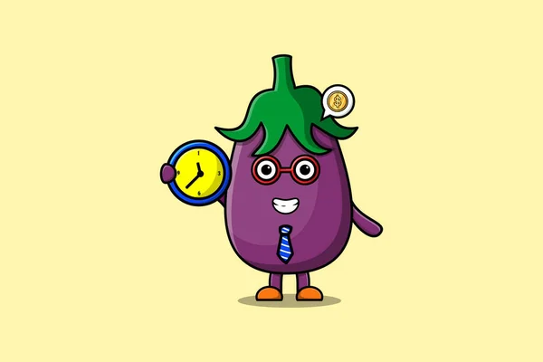 Desenhos Animados Bonitos Eggplant Personagem Segurando Relógio Ilustração Com Expressão — Vetor de Stock
