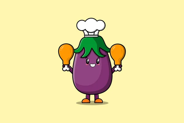 Leuke Cartoon Aubergine Chef Kok Karakter Met Twee Kippendijen Platte — Stockvector