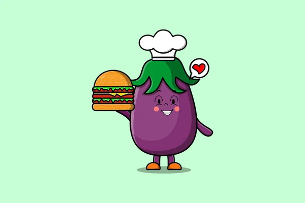 stock vector Cute cartoon Eggplant chef character holding burger in flat cartoon style illustration