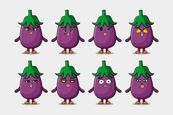 Conjunto Kawaii Eggplant Personagem Desenho Animado Com Expressões Diferentes Ilustrações —  Vetores de Stock