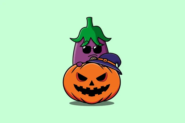 Söt Eggplant Tecknad Karaktär Gömmer Sig Pumpa Halloween Illustration Platt — Stock vektor