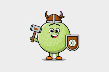 Sevimli çizgi film karakteri Kavun Viking korsanı şapkası, çekici ve kalkanı var.