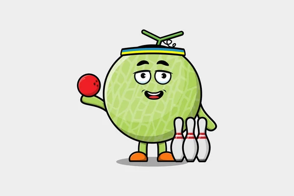 Cute Cartoon Melon Character Playing Bowling Flat Modern Style Design — Stock Vector