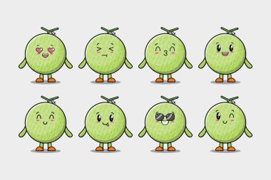Kawaii Melon çizgi film karakterini farklı ifadelerle çizgi film yüz çizimleri ile ayarla