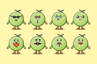 Kawaii Melon çizgi film karakterini farklı ifadelerle çizgi film yüz çizimleri ile ayarla