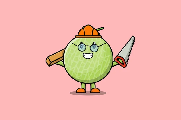 Cute Cartoon Melon Jako Stolarz Charakter Piłą Drewna Płaskim Nowoczesnym — Wektor stockowy