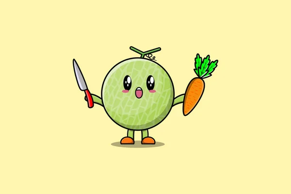 Cute Cartoon Melon Character Holding Knife Carrot Modern Style Design — Stock Vector