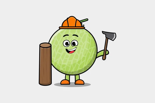 Cute Cartoon Melon Jako Stolarz Charakter Siekierą Drewna Płaskim Nowoczesnym — Wektor stockowy