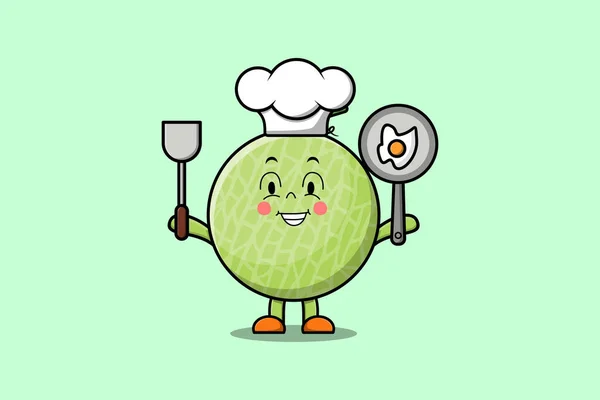 Cute Cartoon Melon Chef Character Holding Pan Spatula Flat Cartoon — Stock Vector