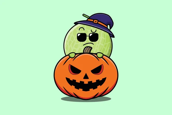 Mignon Personnage Dessin Animé Melon Caché Dans Citrouille Illustration Halloween — Image vectorielle