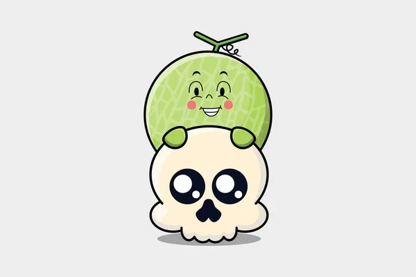 Cute Melon Cartoon Character Hiding Skull Illustration Flat Modern Design — Stock Vector