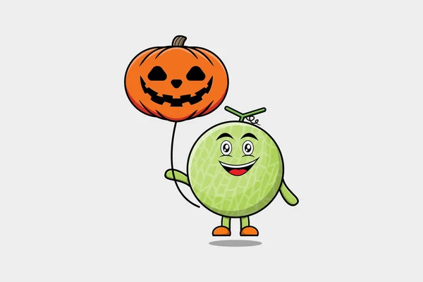 Mignon Dessin Animé Melon Flottant Avec Ballon Halloween Citrouille Dessin — Image vectorielle