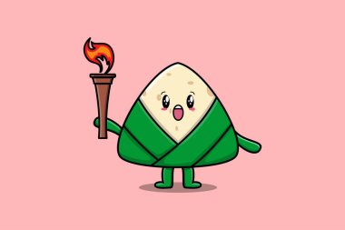 Modern dizaynda elinde meşale tutan sevimli Çin pirinç köftesi çizgi film karakteri.