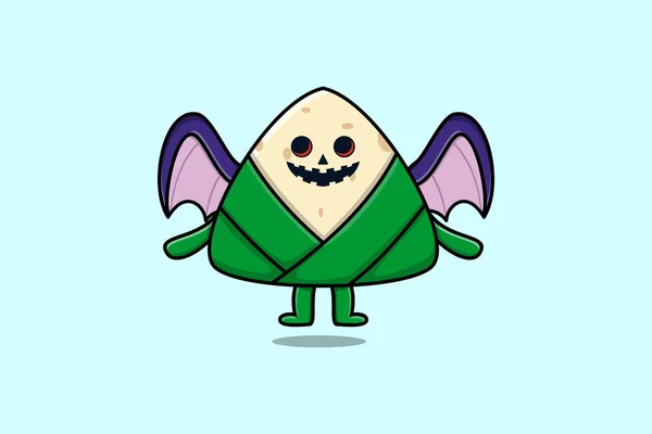 Cute Mascot Cartoon Chinese Rice Dumpling Character Scary Bats Illustration — Stock Vector