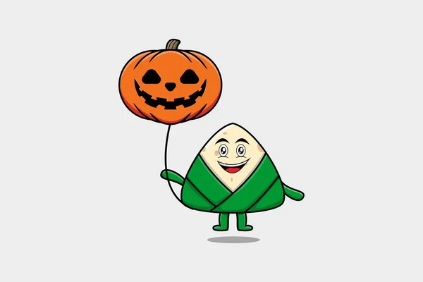 Mignon Dessin Animé Boulette Riz Chinois Flottant Avec Ballon Halloween — Image vectorielle