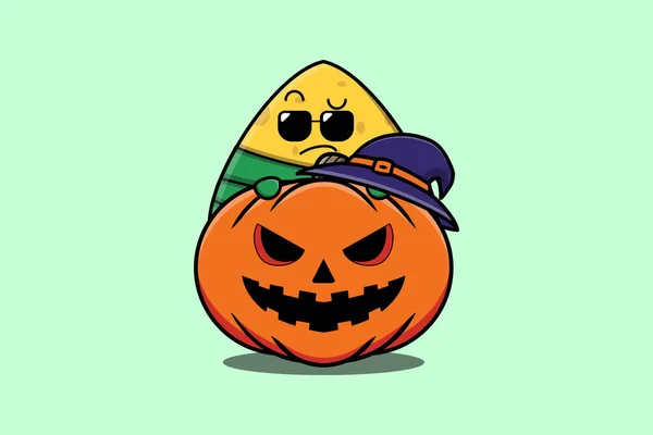 Lindo Personaje Chino Dibujos Animados Bolas Arroz Escondido Calabaza Halloween — Vector de stock