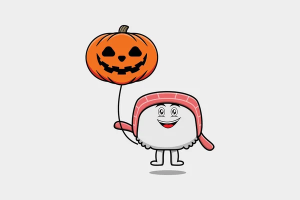 Bonito Desenho Animado Sushi Flutuando Com Abóbora Halloween Balão Desenho — Vetor de Stock