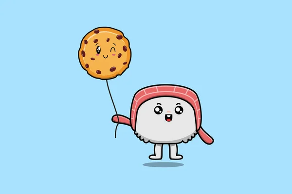 Niedliche Cartoon Sushi Mit Keksen Luftballon Flachen Cartoon Vektor Symbol — Stockvektor